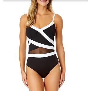 NEW Anne Cole Black One Piece Swimsuit Size 24W Mesh Peekaboo Panel White Trim